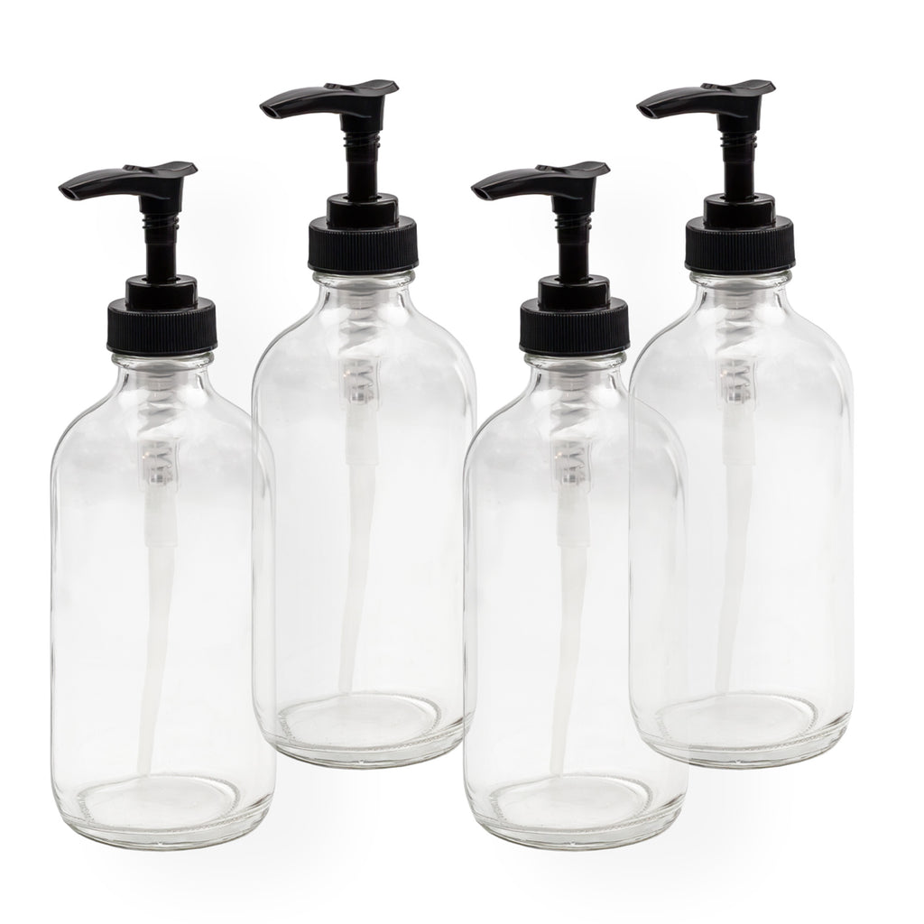 8oz Clear Glass Pump Bottles (4-Pack w/Black Plastic Pumps) - sh1003cb0aep