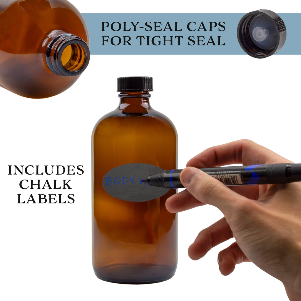 16oz Amber Glass Bottles w/ Reusable Chalk Labels and Lids (2 Pack) - sh1005cb016oz