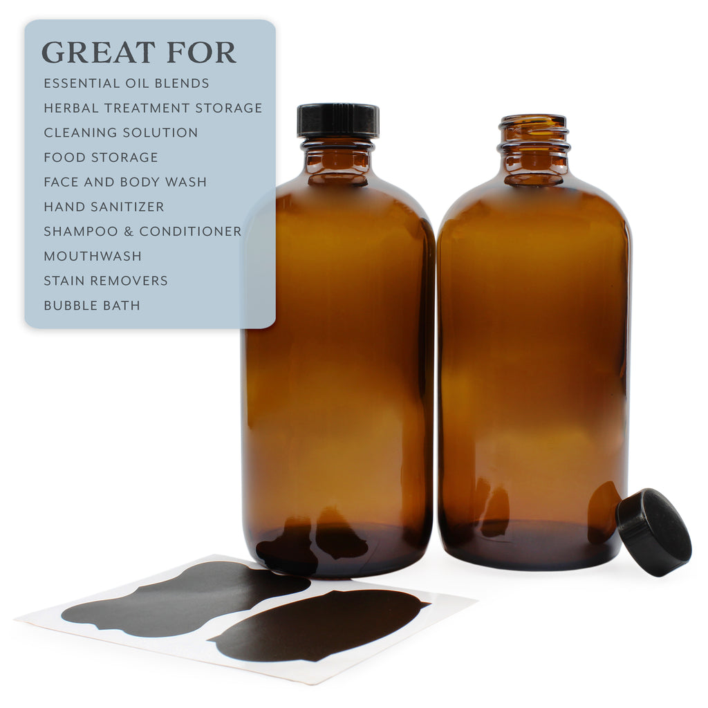 16oz Amber Glass Bottles w/ Reusable Chalk Labels and Lids (2 Pack) - sh1005cb016oz