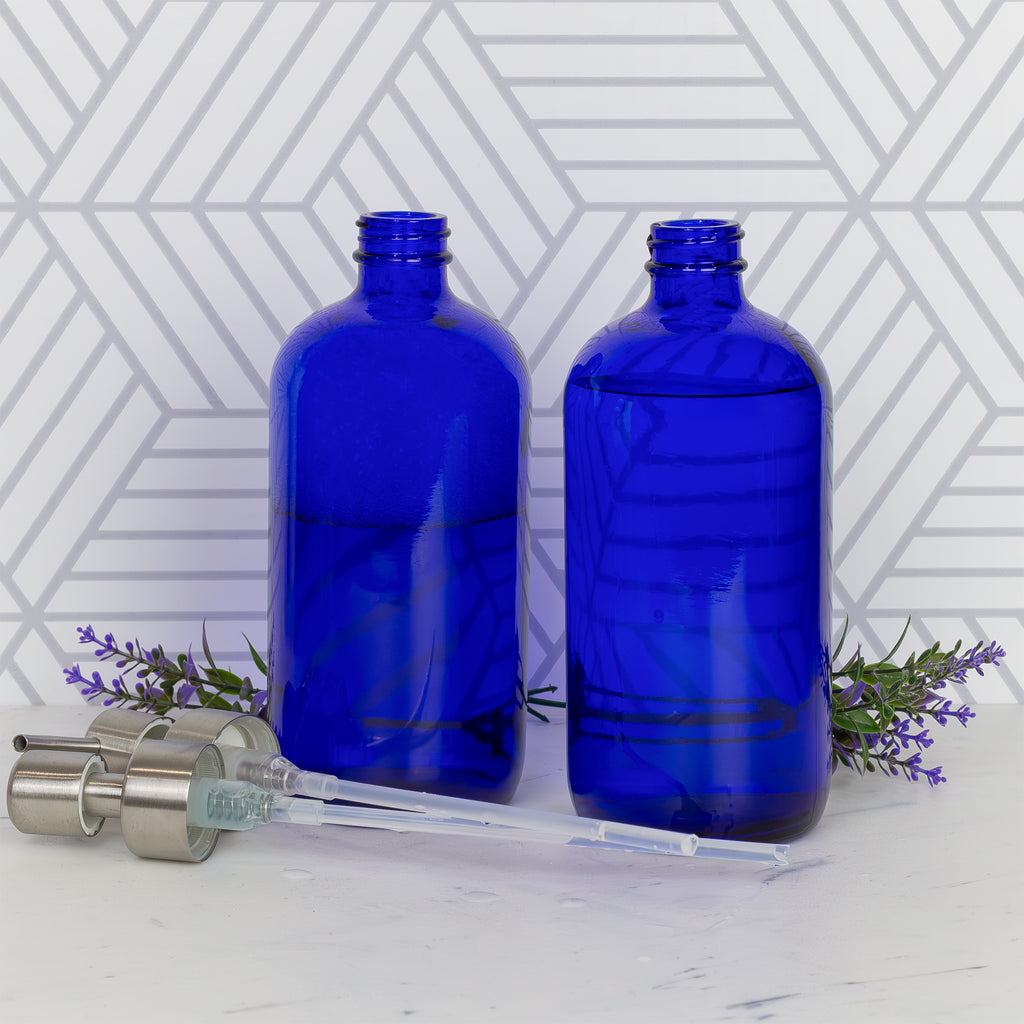 16oz Cobalt Blue Glass Bottles w/Stainless Steel Pumps (2-Pack) - sh865cb0aep