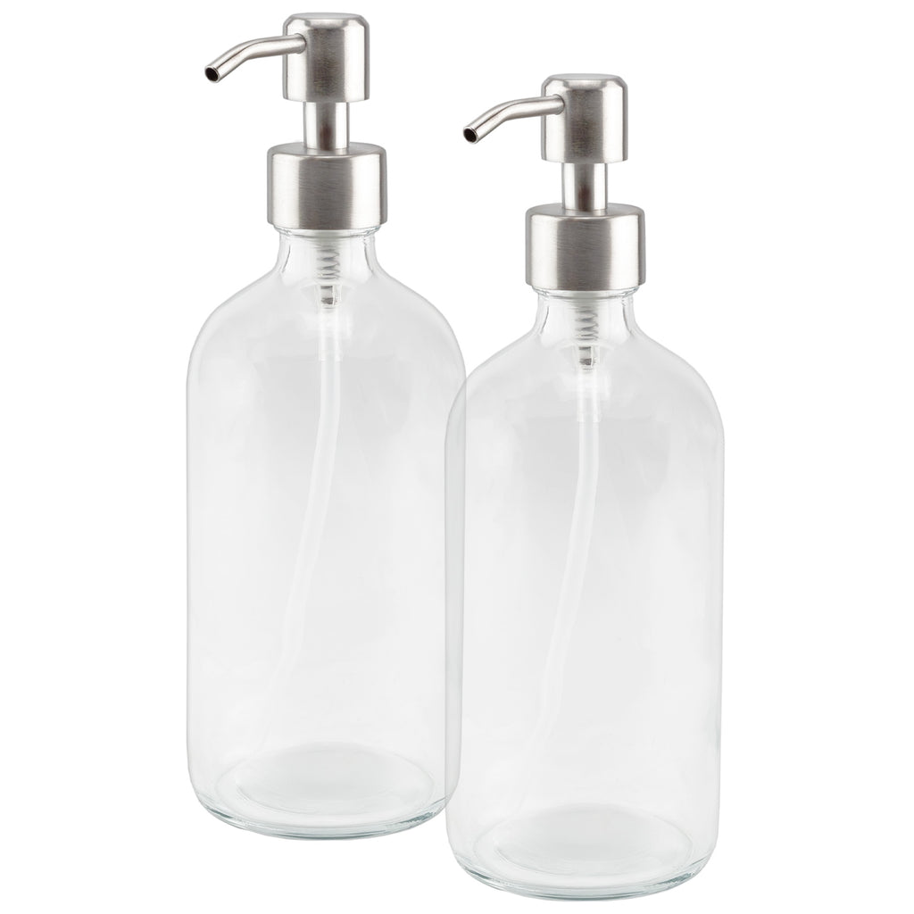 16oz Clear Glass Boston Round Bottles w/Stainless Steel Pumps (2 Pack) - sh869cb016oz