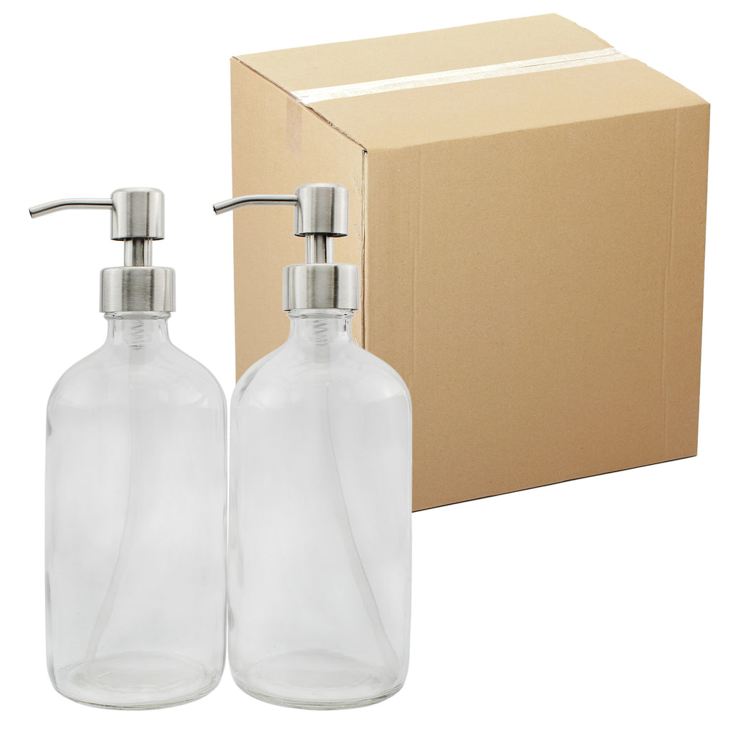 16oz Clear Glass Bottles w/Stainless Steel Pumps (Case of 40) - 20X_SH_869_CASE